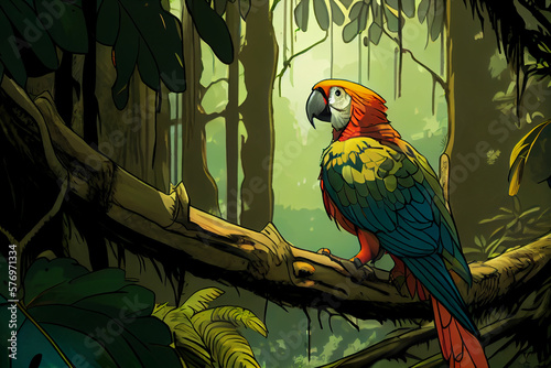 Parrotin in forest in comic art.