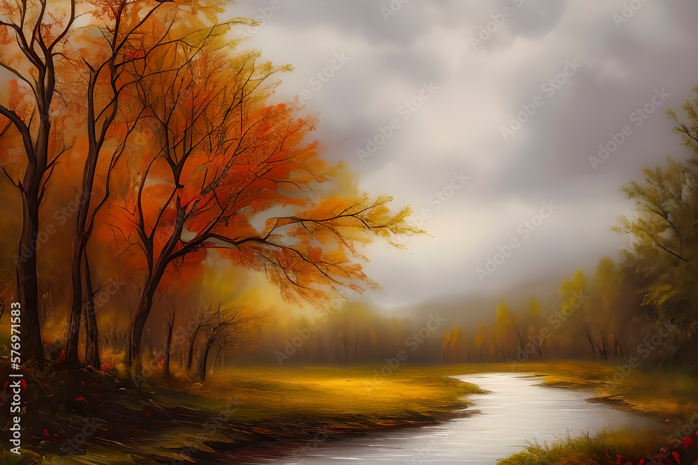 Seasonal Splendor: Vintage Oil Painting of a Majestic Autumn Forest.