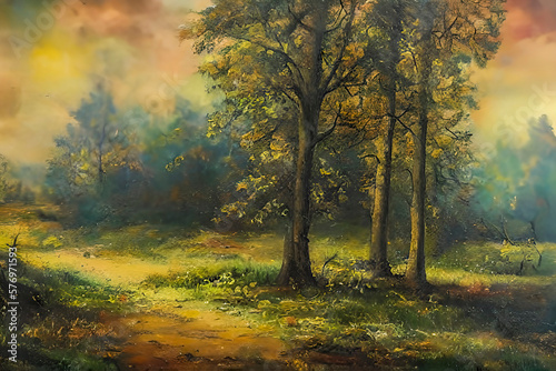 Vintage Autumnal Landscape: Oil Painting of a Serene Forest Scene