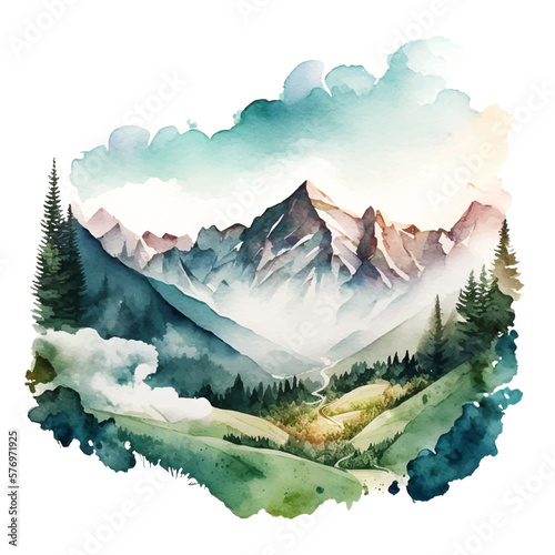 mountains watercolor forest wild nature. vector watercolor mountain range with high peaks against the blue sky. graphics design for wedding invitations and pictures on wall posters art vector