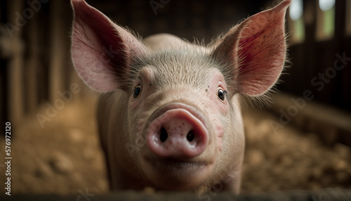 Pig farm with a close-up of a pig's face, showing the intricate details of the snout and ears as the pig looks directly at the viewer Generative AI