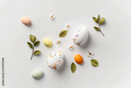 Colourful easter eggs on white background top view, Easter traditions, colored decorated eggs with dots. AI generated image.