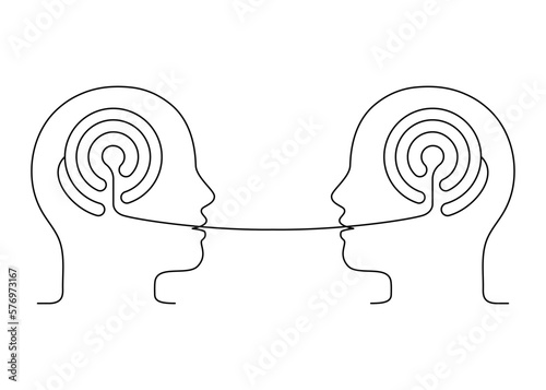 People talk, logic speech, understanding conversation, outline. Maze logic thinking brain. Psychotherapy communication. Conversation two person, dialog speak. Vector line