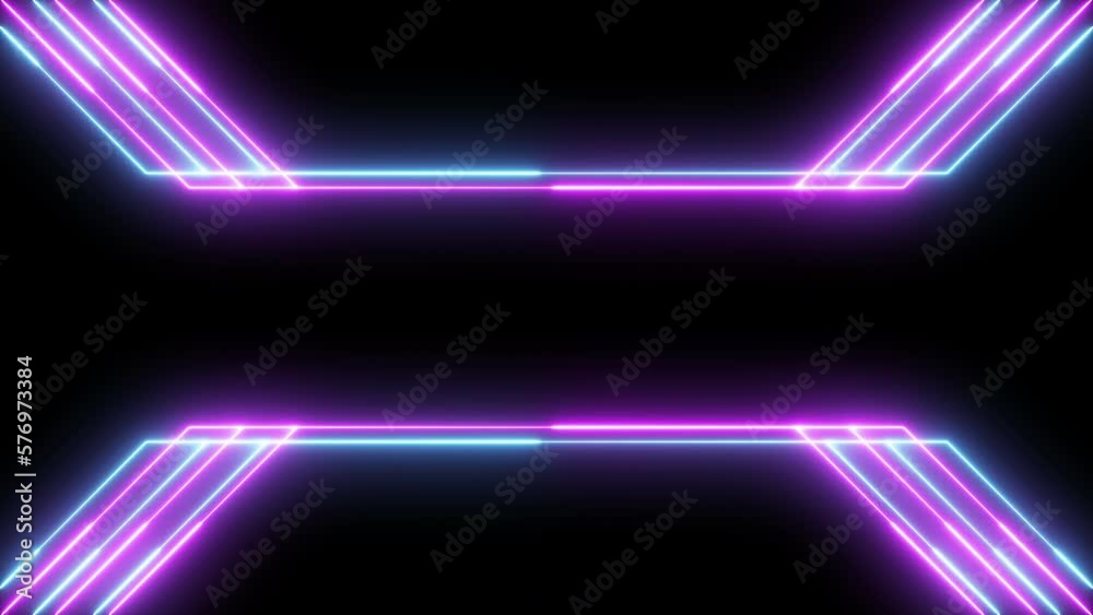 Neon glowing purple blue laser lines animation black background. Seamless loop