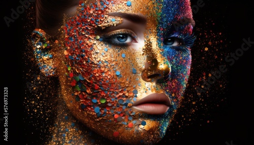 A woman with a colorful face and body is covered in glitters and has her eyes closed highly detailed digital painting an airbrush painting cloisonnism photo