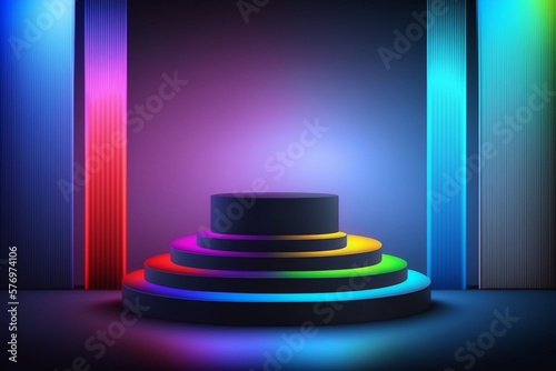 3d illustration of illuminated luxury professional glowing podium or stage for product display, mock-up or advertisement. Studio background with led neon lights. 