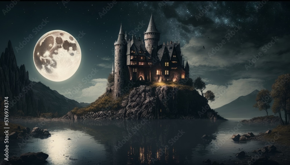 Fantasy castle on a hill at night in full moon light. Generative AI