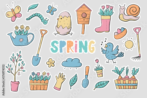 set of 25 Spring pre made stickers with white edge, good for planners, prints, cards, sublimation, scrapbooking, stationary, etc. EPS 10