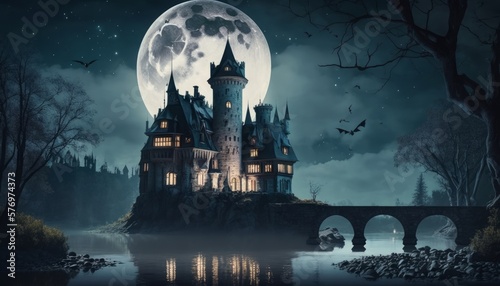 Fotografia Halloween castle at night with full moon, Generative AI