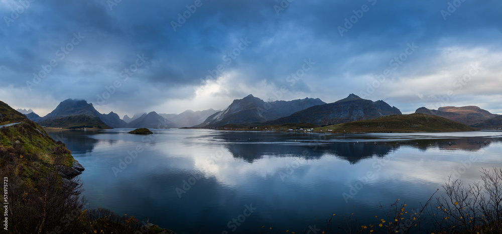 Beautiful panoramic scenery of calm bay in Lofoten, Norway