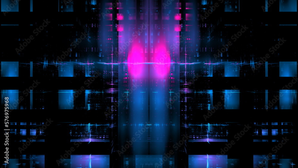 Digital interior building portal podium. Hi tech Abstract data center server tonel. Business technology blurred Polygonal geometric digital cyberpunk space, color light. 3D render Digital interior building portal podium. Hi tech Abstract data center server tonel. Business technology blurred Polygonal geometric digital cyberpunk space, color light. 3D render