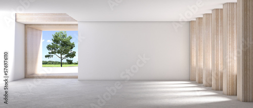 Print op canvas Empty hall, concrete floor, white walls, wooden columns