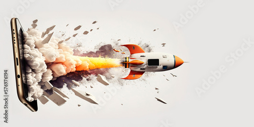 Space rocket launch from smartphone screen on white background with copy space, banner. Generative AI