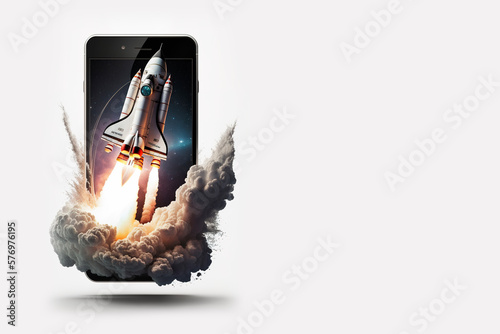 Space rocket launch from smartphone screen on white background with copy space, generative AI