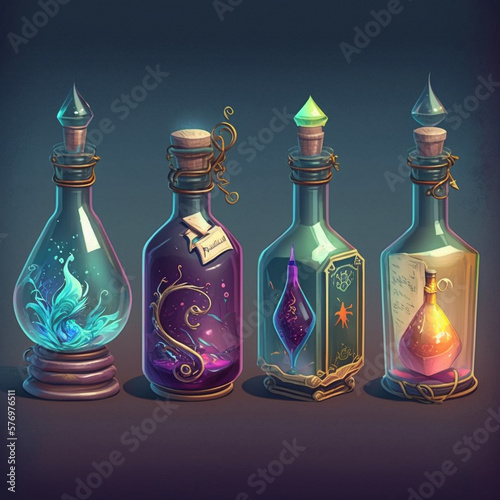 Bottles with magic potions. High quality illustration