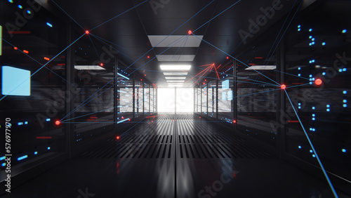 Concept data connecting. Digital information travels through fiber optic cables through the network and data servers behind glass panels in the server room of the data center. Digital lines. 3d render