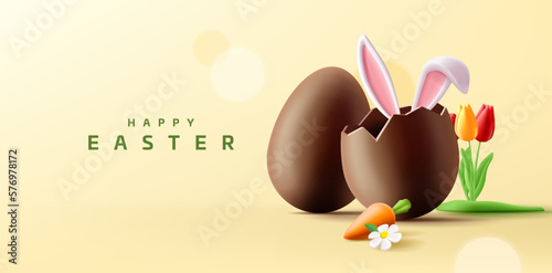 Fototapete 3d Easter banner with chocolate egg, bunny ears hiding behind, carrot and tulip