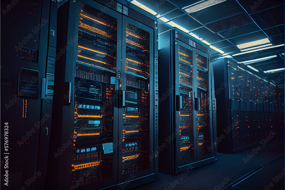 Shot of Modern Data Center With Multiple Rows of Fully Operational Server Racks. Modern High-Tech Telecommunications Database Super Computer in a Room. Shot of Modern Data Center With Multiple Rows of Fully Operational Server Racks. Modern High-Tech Telecommunications Database Super Computer in a Room.
