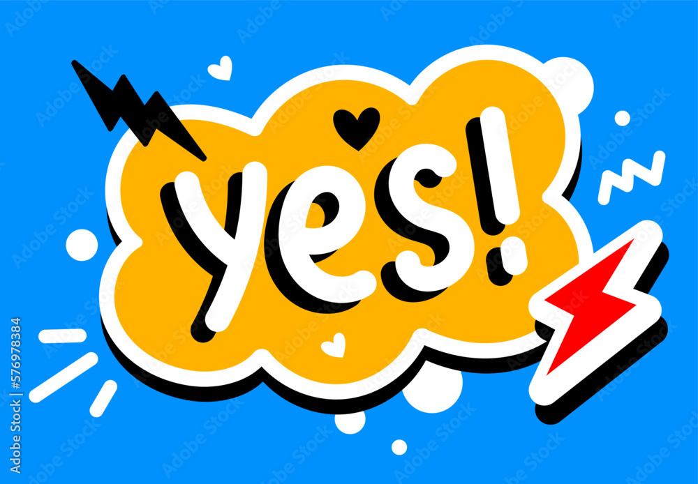 Vector illustration of word yes in cloud and flash, heart on color background. Flat style design of word yes