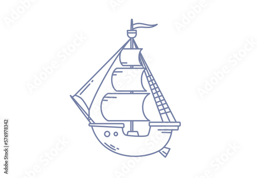 Vector illustration of old ship with sail on white color background. Flat line art style design of ship