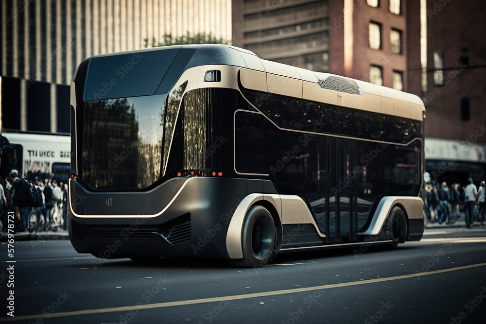 Future of urban autonomus mobility, city bus, Public transportation. Generative AI illustration.