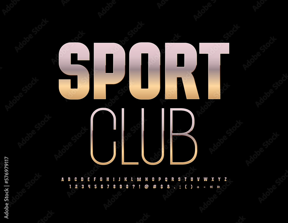 Vector artistic Sign Sport Club. Metallic Font. Golden Alphabet Letters and Numbers set