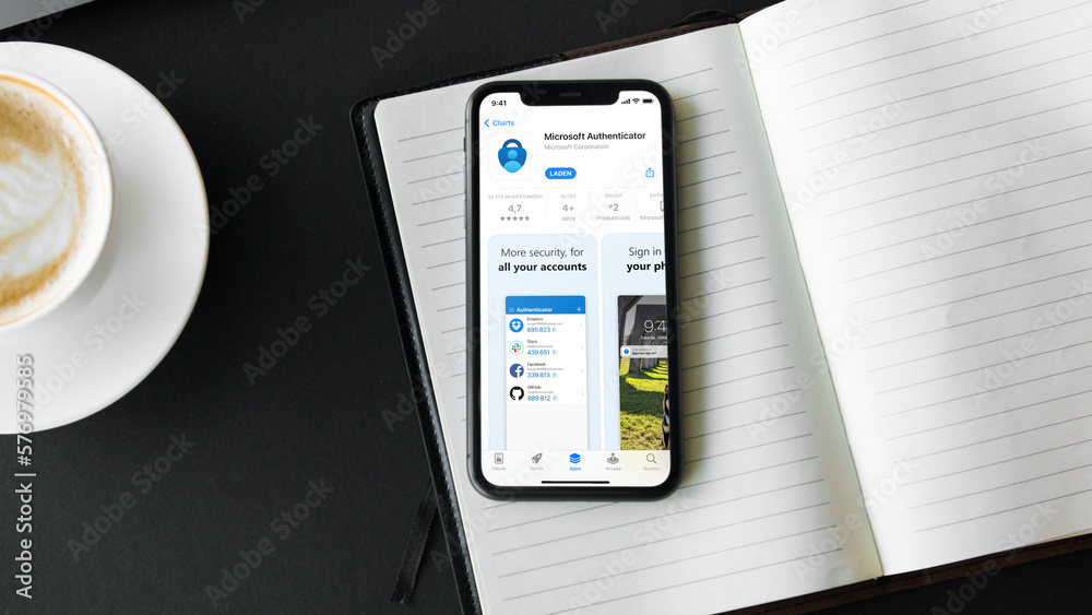 Mobile phone with Microsoft Authenticator App Store screen Stock Photo