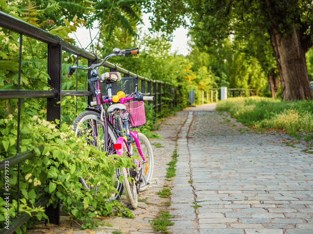 Φωτογραφία kids bicycle and adult bike outdoor on a city street tied to a metal fence in ea