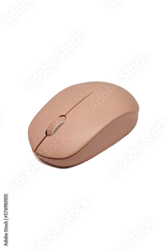 Pink wireless computer mouse isolated on white background. Computer hardware. Side view.