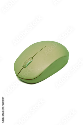 Green wireless computer mouse isolated on white background. Computer hardware. Side view.