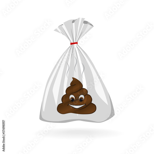 Pet poop in plastic bag isolated on white backgroundvector illustration clean up after your dog poo, excrement. Design for publish park, banner, flyer, web, sign, icon.