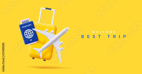 3d composition with travel suitcase, plane and passport, render illustration in yellow colours