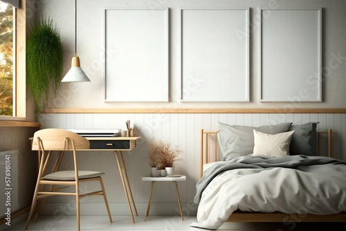 Mockup three poster frame in bedroom. Generative AI illustration.