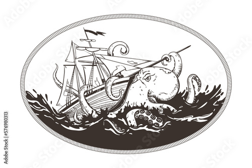 octopus attacked the ship, retro old Ship vintage hand drawn vector illustration realistic sketch