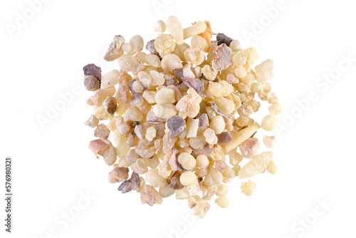 Overhead view of Frankincense (Boswellia carterii), also known as olibanum, isolated on white background
