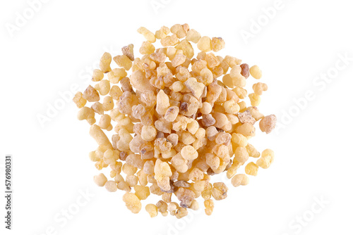 Overhead view of Frankincense from ethiopia (Boswellia papyrifera), also known as olibanum, isolated on white background