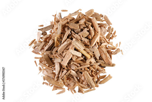 Overhead view of cedar wood chips (Cedrus), isolated on white background