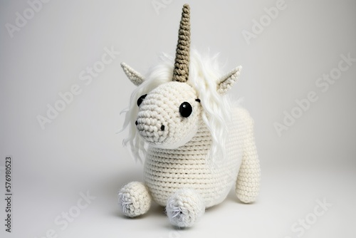Fluffy white unicorn doll on white background. White unicorn stuffed animal made using crochet. Animal themed amigurumi. Generative AI © 2rogan