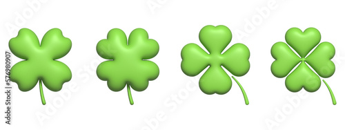 3D Green four leaf clover sign collection isolated on a transparent background. Shamrock illustration for app and website. Nature, luck, happiness, or saint Patrick's concept