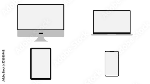 Monitor, laptop, smartphone and tablet with blank screen on white background. Device mockup design.