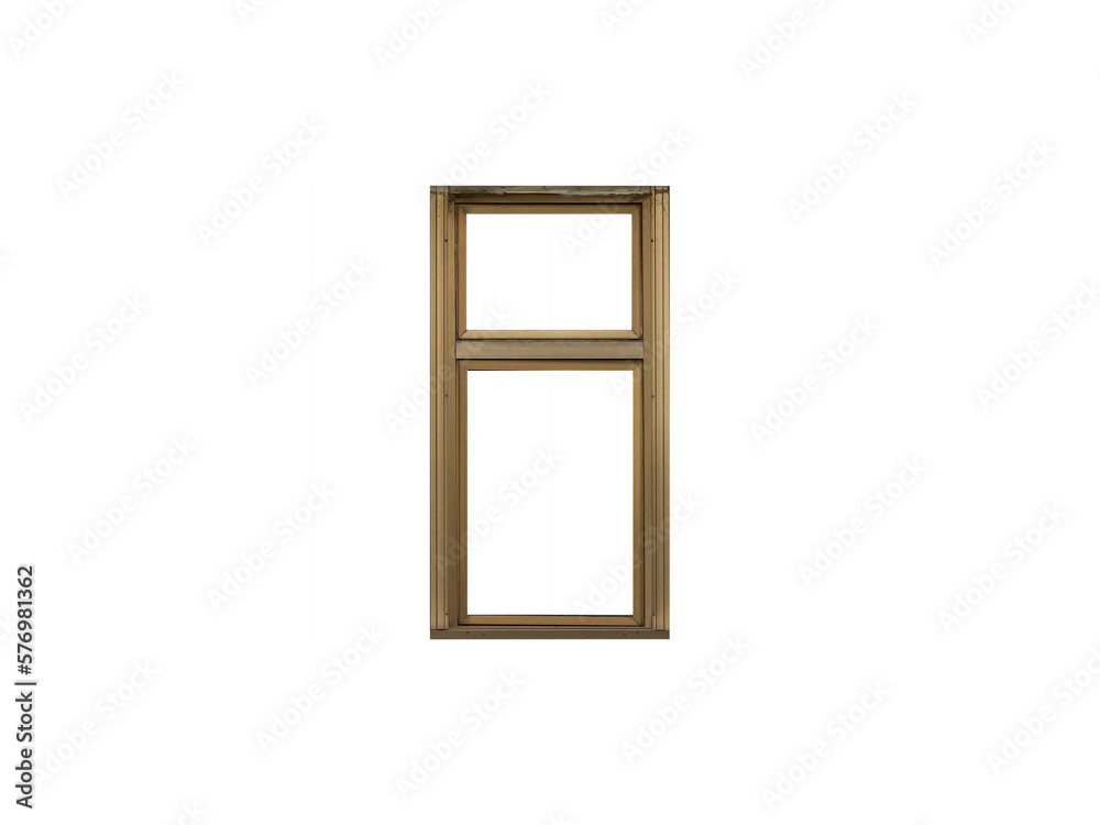 Modern brass of anodized aluminium window frame with two sashes isolated on white background.