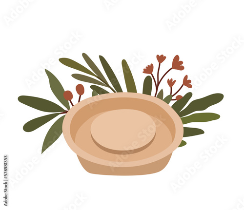 Closeup pottery wheel with plants in background, isolated vector composition