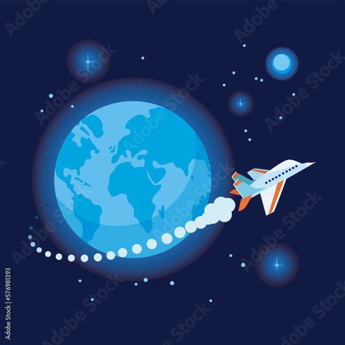 Spaceship flying around planet Earth. Vector illustration in flat cartoon style.