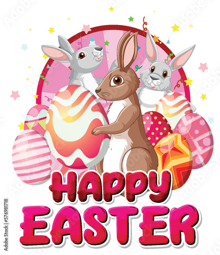 Happy Easter Day with Bunny and Colorful Eggs