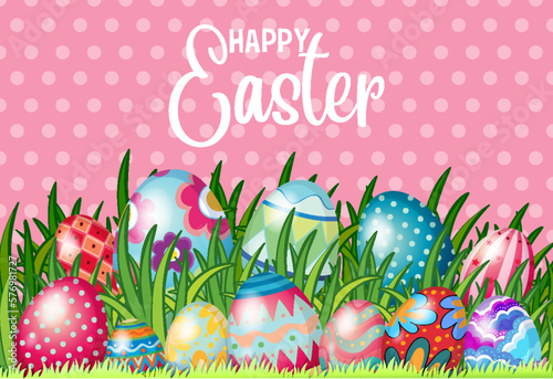 Happy Easter Day Poster with Colorful Eggs in a Grassy Field