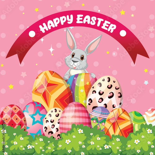 Happy Easter Day Poster with Colorful Eggs and Cute Bunny