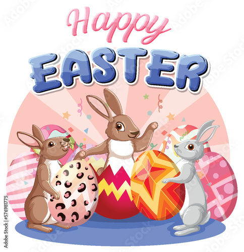 Happy Easter Day with Cute Bunnies and Colourful Eggs