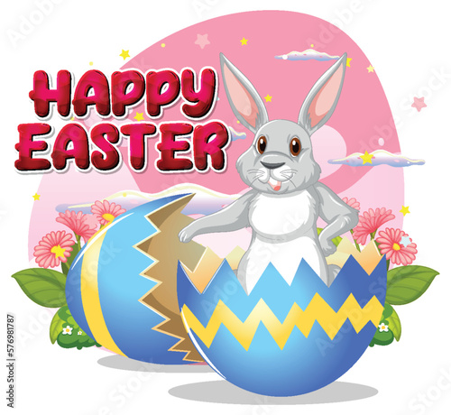 Happy Easter Poster with Cute Bunny and Colourful Egg