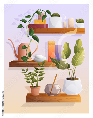 Vector illustration of a plant in a pot. Group of indoor plants on a wooden bookshelves. Minimal composition. Stylish scandi interior decor. Cartoon design. Home library on wall. Decorative elements