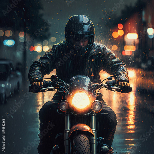 A motorcyclist rushes along the night street of the city in the pouring rain